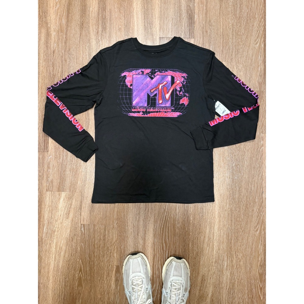 MTV Music Television Mens Long Sleeve Graphic T-Shirt Black Retro Logo NWT XL